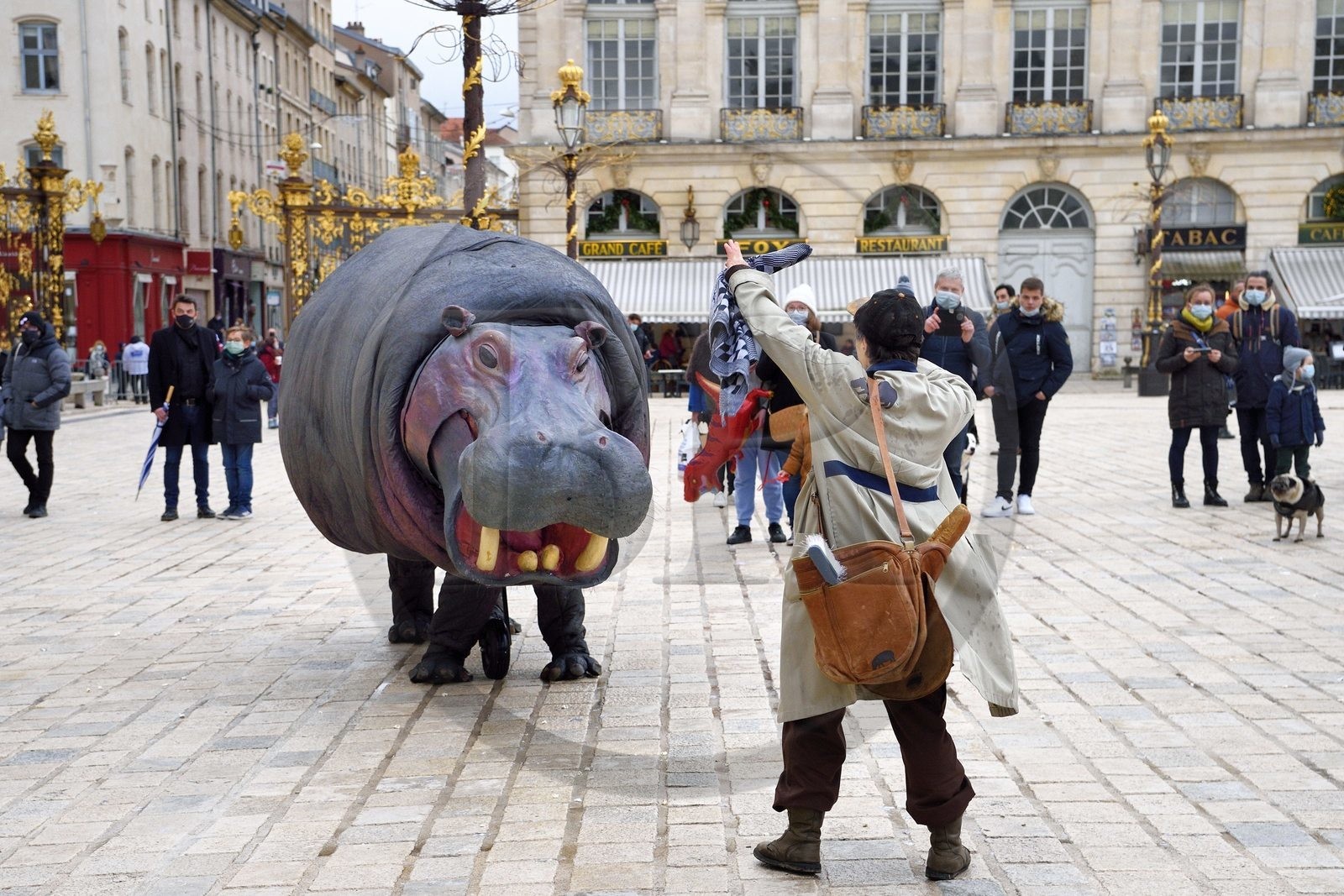France, Meurthe-et-Moselle, Nancy, place Stanislas (former Place Royale) during the feast of Saint-Nicolas, listed as World Heritage by UNESCO, Nellie the Hippo from Teatro Pavana company performs