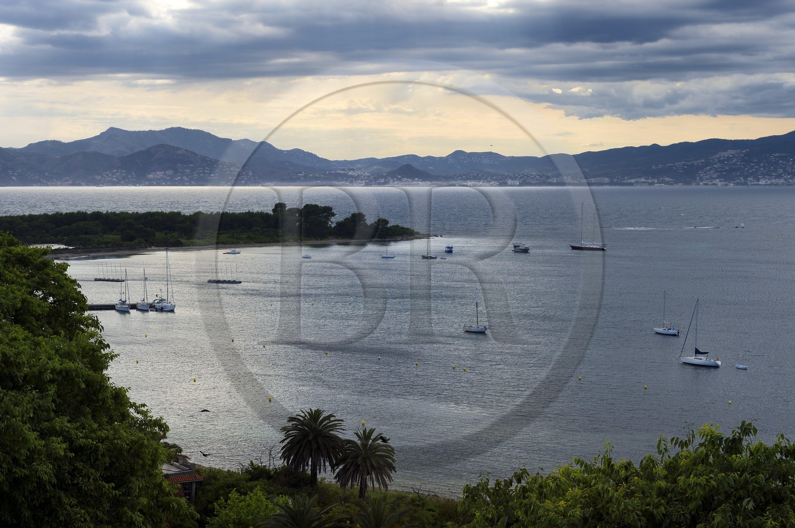 France, Alpes-Maritimes, Lerins Islands, Sainte-Marguerite island port pontoon, coastal and Cannes view