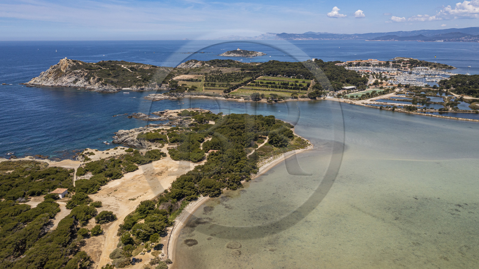 France, Var, Six Fours les Plages, Grand Gaou island in the foreground, the Strait of Grand Gaou and Ile des Embiez then Grand Rouveau island in the background (aerial view)