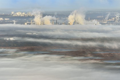 France, Seine-Maritime (76), Le Havre, les usines du port du Havre émerge d'une mer de nuages derrière la Réserve Naturelle de l'estuaire de la Seine