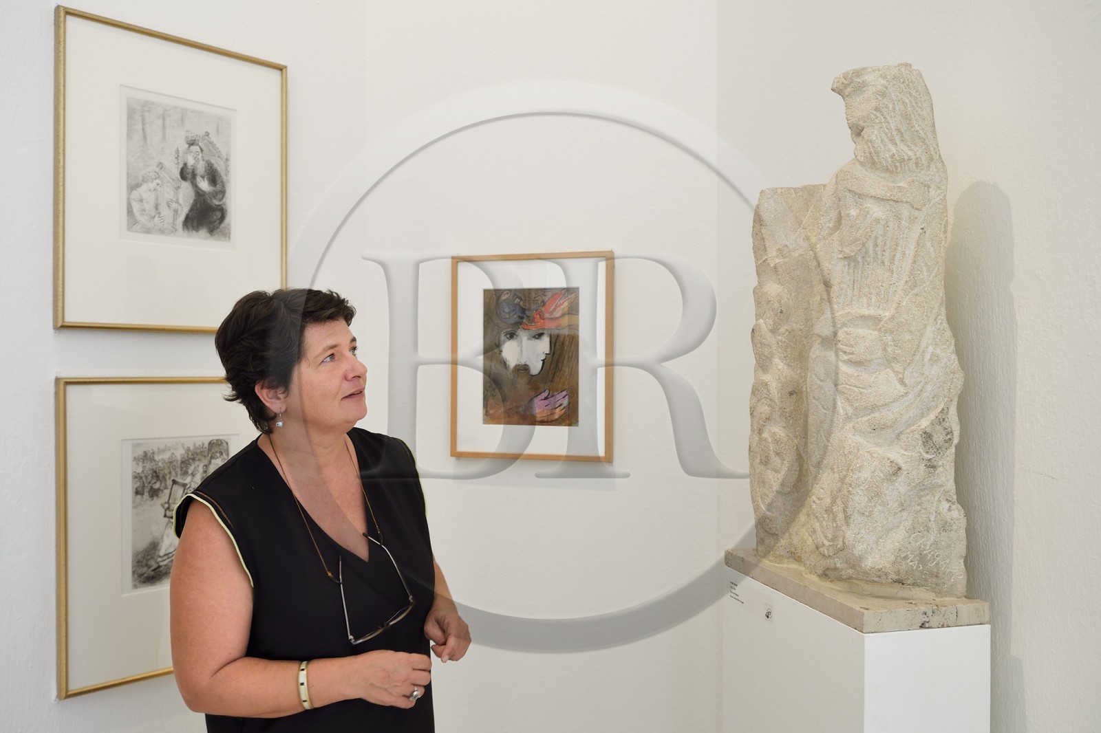 France, Alpes-Maritimes (06), Nice, musée national Marc Chagall de l'architecte André Hermant et créé à l'initiative d'André Malraux, Le Roi David sculpture (1952-1954) en pierre de Rognes par Marc Chagall et Anne Dopffer, directrice des musées nationaux des Alpes-Maritimes