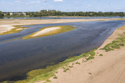 France, Maine-et-Loire (49), vallée de la Loire classée au Patrimoine Mondial par l'UNESCO, Gennes-Val-de-Loire, bancs de sable formant des îles sur la Loire (vue aérienne)