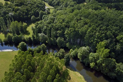 France, Dordogne, Perigord Vert, the Dronne river toward Les Andrivaux (aerial view)