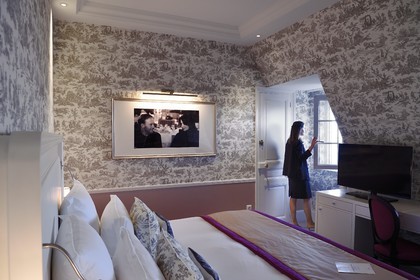 France, Calvados, Pays d'Auge, Deauville, Normandy Barriere Hotel, the Suite Un Homme Une Femme (A Man A Woman) in tribute to the film and its director Claude Lelouch, decorated from toile de jouy fabric