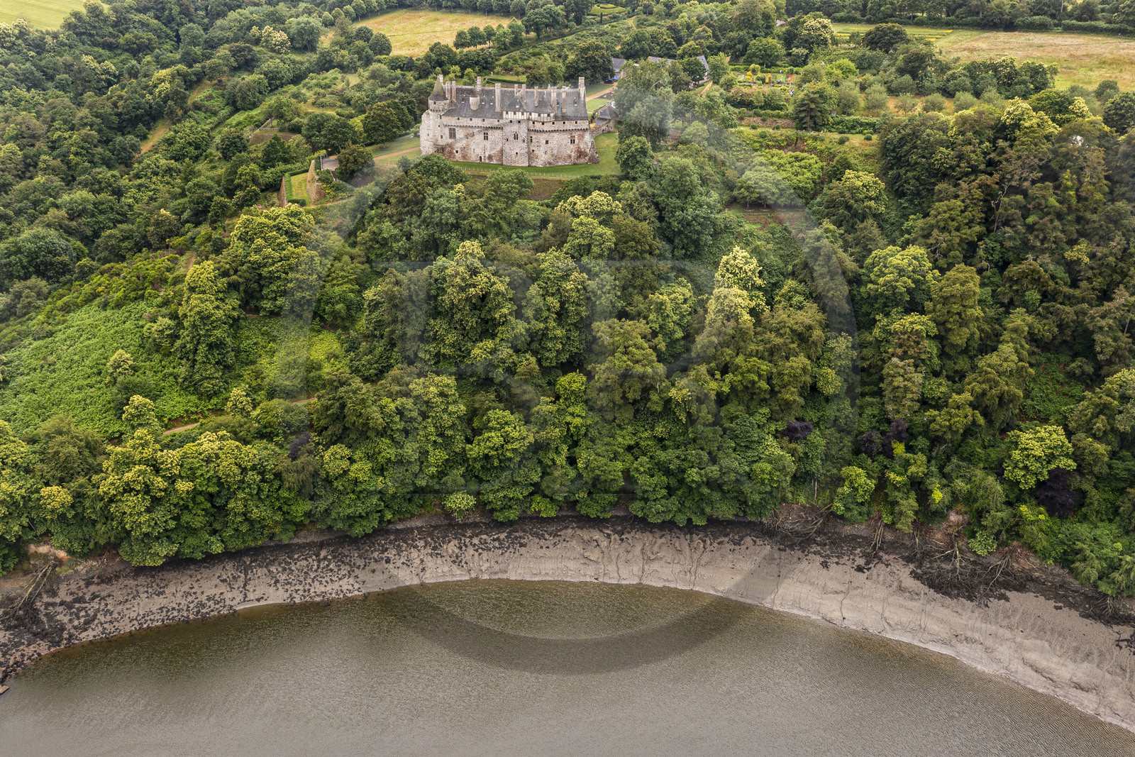 France, Cotes d'Armor, Ploezal, castle of La Roche-Jagu on the banks of the Trieux river (aerial view)