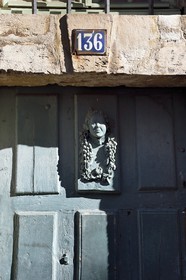 France, Seine-Maritime, Rouen, door of a draper-dyer's house at 136 rue Eau-de-Robec