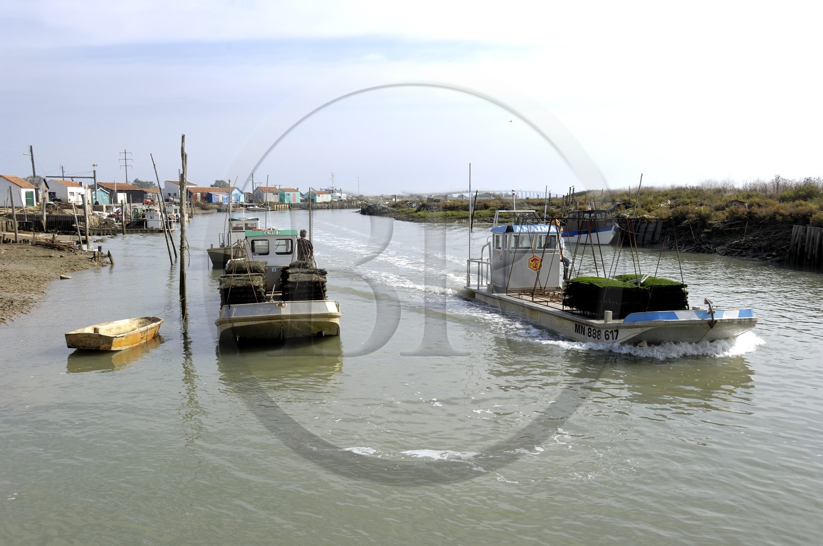 France, Charente-Maritime (17), Ile d'Oléron, le chenal d'Ors, chaland à huîtres dans le port ostréicole
