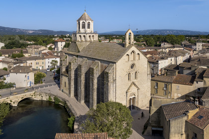 France, Vaucluse, Le Thor, Notre-Dame-du-Lac church on the banks of the Sorgue (aerial view)