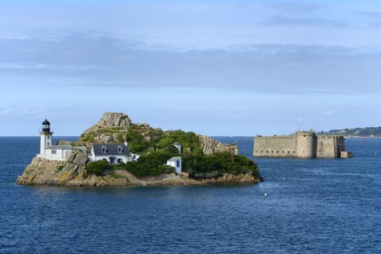 France, Finistere, Morlaix bay, Carantec, lighthouse of Louet island (also a guest house in summer) and the Chateau du Taureau