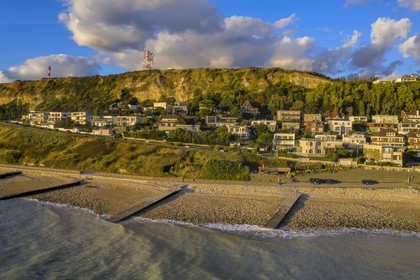 France, Seine Maritime, the town of Sainte-Adresse extends by the coast Le Havre, café and place said Le Bout du Monde towards the cap de la Hève(aerial view)