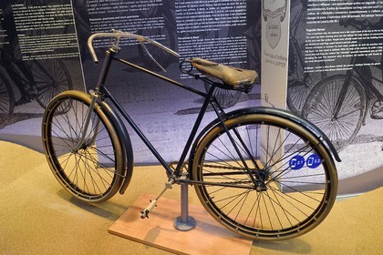 France, Puy de Dome, Clermont Ferrand, L'Aventure Michelin, museum retracing all the activities of the Michelin group, first Michelin demountable tire on the bicycle driven by champion Charles Terront on the Paris-Brest-Paris race in September 1891
