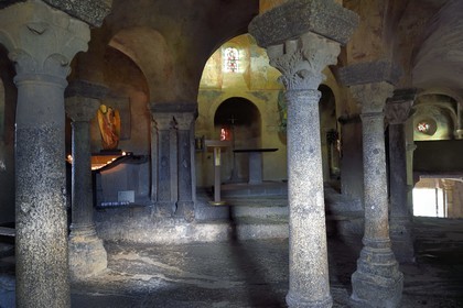 France, Haute Loire, Aiguilhe, a town bordering Puy-en-Velay, Routes of Santiago de Compostela in France listed as World heritage by UNESCO, the Saint-Michel d'Aiguilhe Chapel, view of the choir
