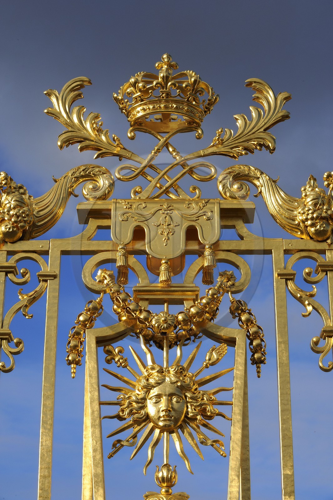 France, Yvelines, Chateau de Versailles, listed as World Heritage by UNESCO, detail of the Royal Gate drawn by Mansart (restored in June 2008) which separating the Royal Courtyard