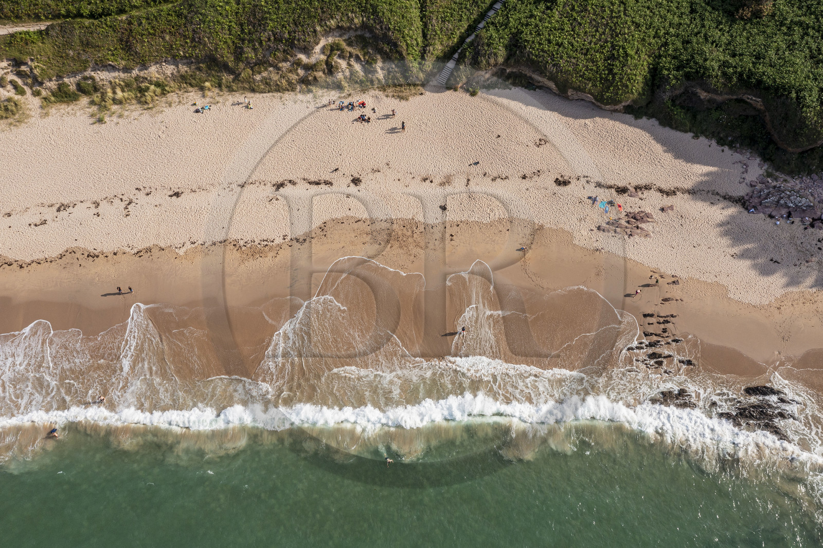 France, Cotes d'Armor, Grand Site de France Cap d'Erquy - Cap Frehel, Erquy, Portuais beach (aerial view)