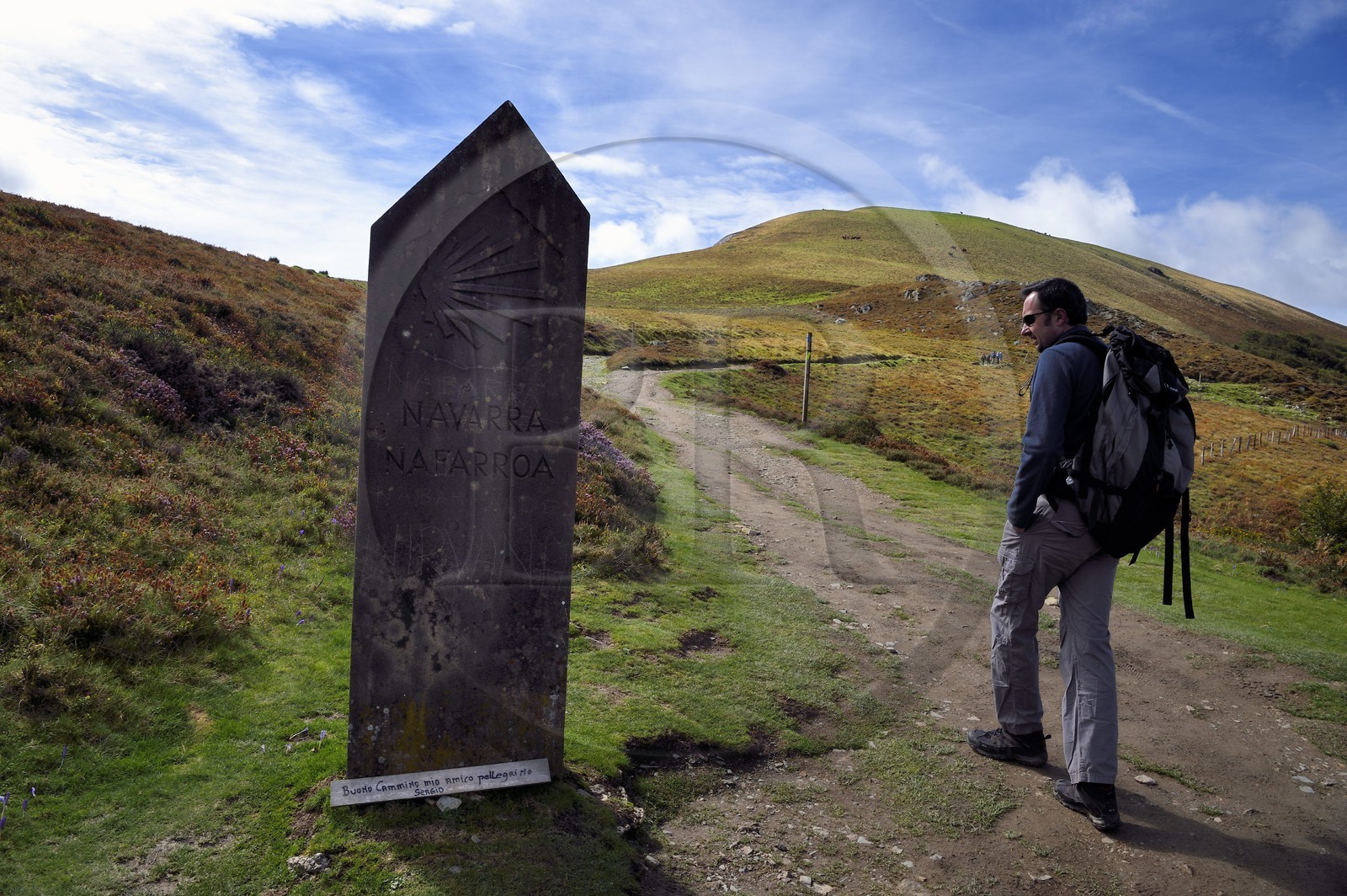 France, Pyrénées-Atlantiques (64), Pays-Basque, chemin de Saint-Jacques de Compostelle sur le GR 65 entre Saint-Jean-Pied-de-Port et Roncevaux vers le col de Bentarte, borne frontière entre Navarre en Espagne et Basse-Navarre en France