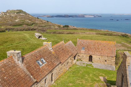 France, Côtes-d'Armor (22), Côte de Granit Rose, Trébeurden, Ile Millau, corps de ferme construit à la fin du Moyen Age et allée couverte du néolithique qui aurait servi de monument funéraire (vue aérienne)