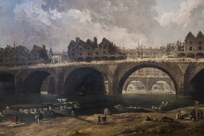 France, Paris (75), quartier du Marais, Musée Carnavalet, tableau représentant la démolition des maisons du Pont Notre-Dame à Paris sous le règne de Louis XVI par le peintre Hubert Robert (1786)