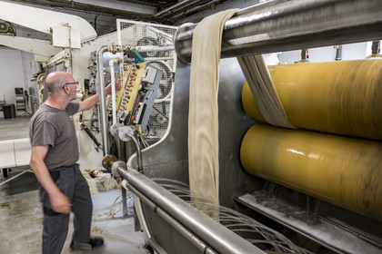 France, Vaucluse (84), L'Isle-sur-la-Sorgue, Manufacture Brun de Vian-Tiran, industrie textile lainière labellisée Entreprise du patrimoine vivant, atelier de foulage
