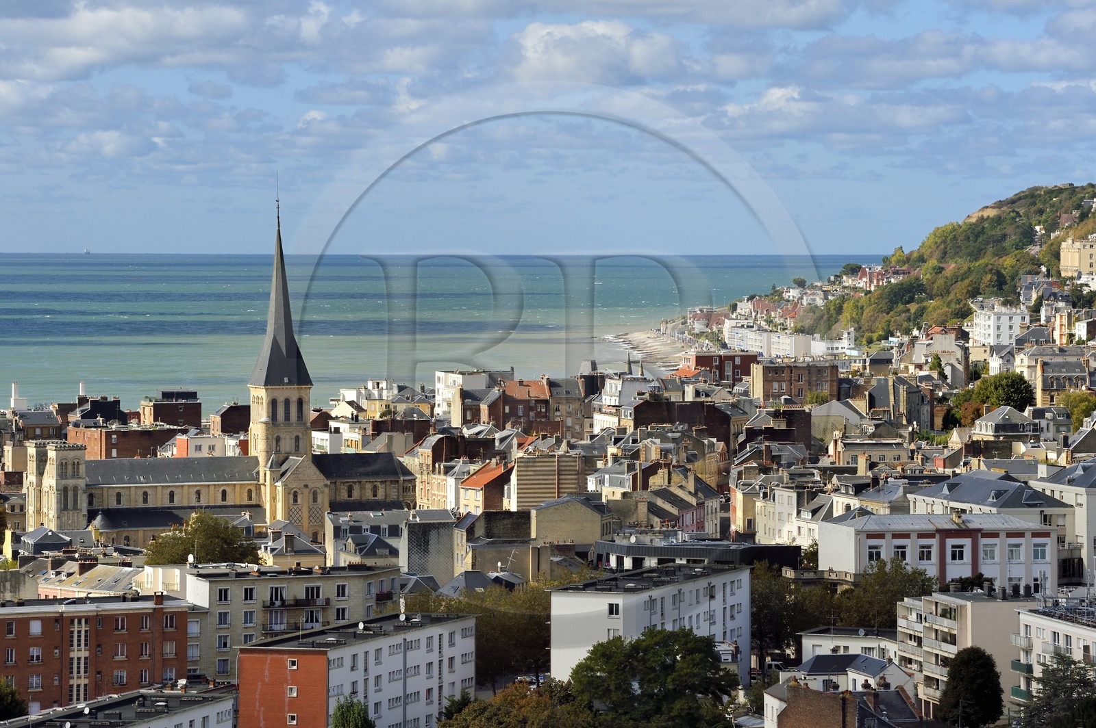 France, Seine Maritime, Le Havre, St. Vincent de Paul Church and the hill of Sainte Adresse in background