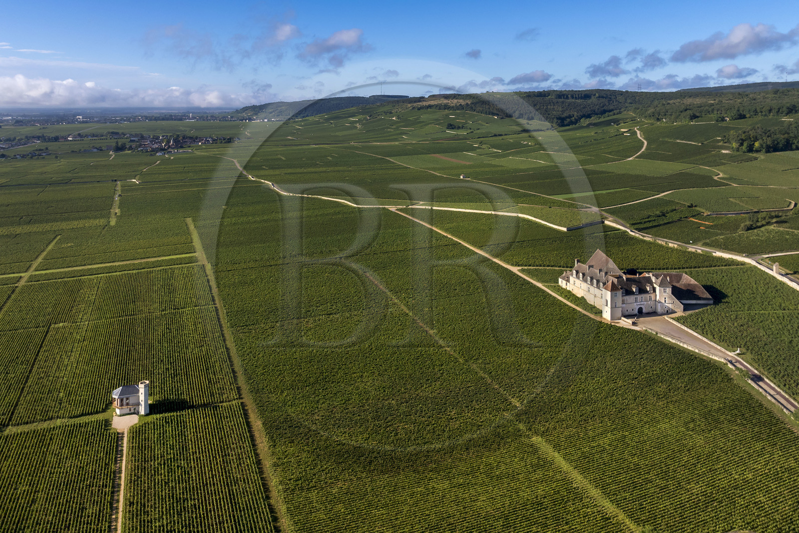 France, Cote d'Or, cultural Landscape of the climates of Burgundy listed as World Heritage by UNESCO, Route des Grands Crus (road of Vintage Wines), vineyard of the Côte de Nuits, Vougeot, the Chateau of Clos de Vougeot surrounded by vineyards and the luxury accommodation La Folie de Vougeot on the left (aerial view)