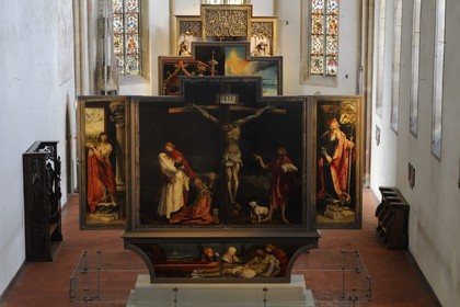 France, Haut-Rhin (68), Colmar, le musée Unterlinden, le retable d'Issenheim attribué à Grünewald, scène de la Crucifixion et Mise au tombeau