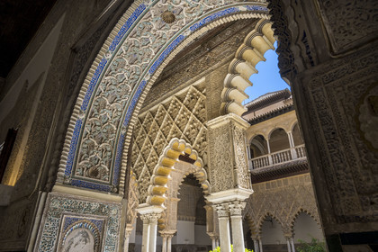 Spain, Andalusia, Seville, the Alcazar of Seville (Reales Alcazares de Sevilla), listed as World Heritage by UNESCO, Palais mudéjar ou de Pierre Ier, the Maidens Courtyard (Patio de las Doncellas)