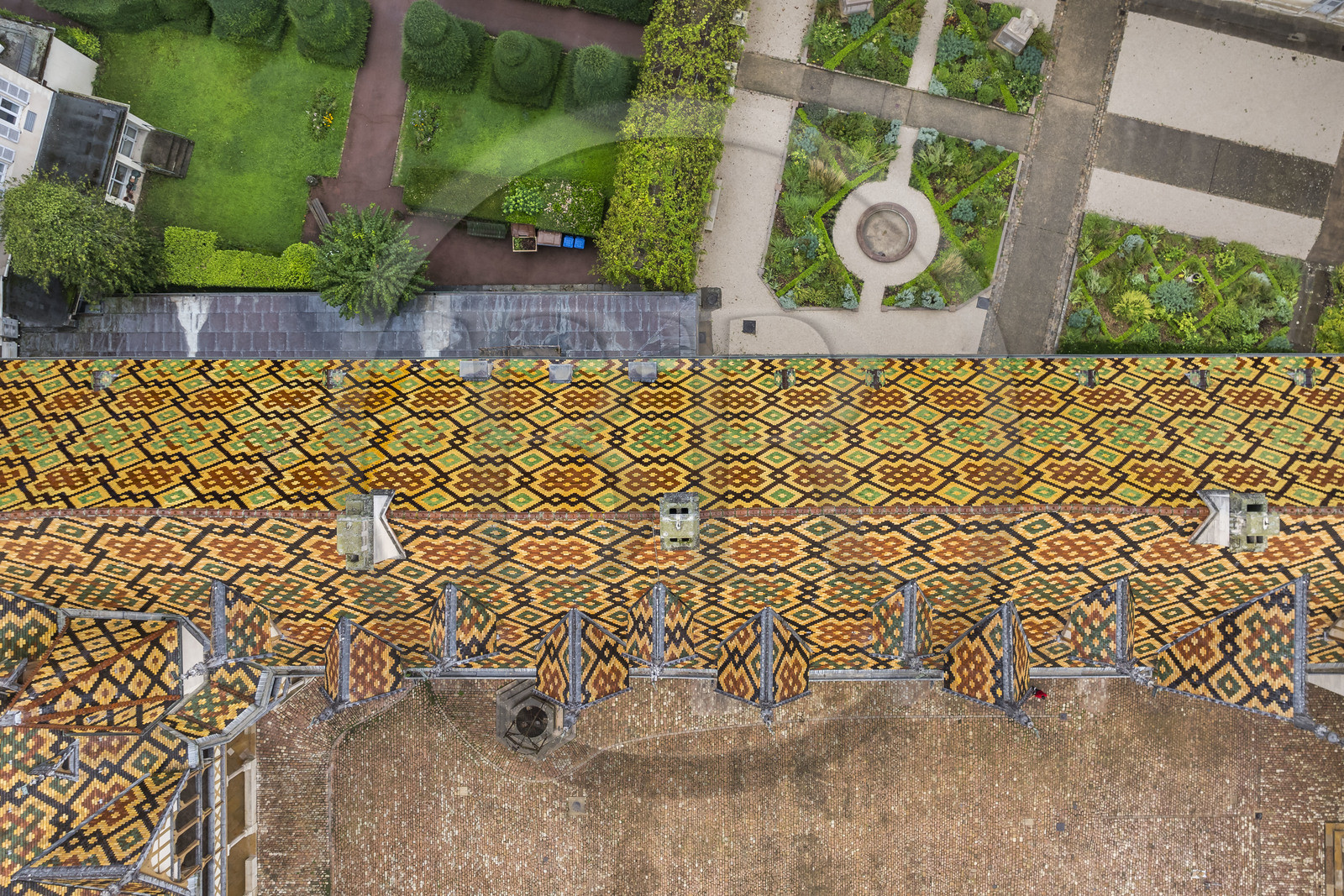 France, Cote d'Or, Beaune, area listed as World Heritage by UNESCO, Hospices de Beaune, Hotel Dieu (aerial view)