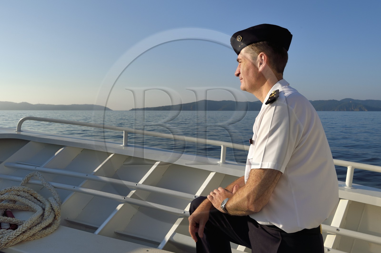 France, Var (83), Iles d'Hyères, Parc national de Port Cros, sur un bateau à l'approche de l'Ile du Levant, l’ingénieur général de l’armement Francois-Xavier Dufer, directeur du centre DGA Essais de missiles
