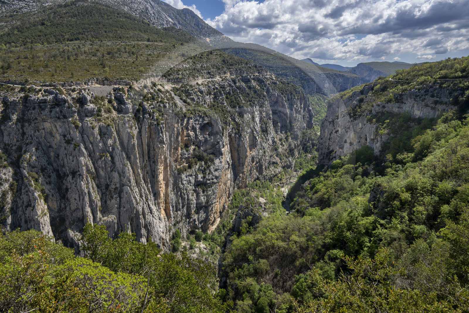 France, Var (83) rive gauche et Alpes-de-Haute-Provence (04) rive droite, Parc Naturel Régional du Verdon, les Gorges du Verdon débouchant sur le lac de Sainte Croix vue depuis la rive sud