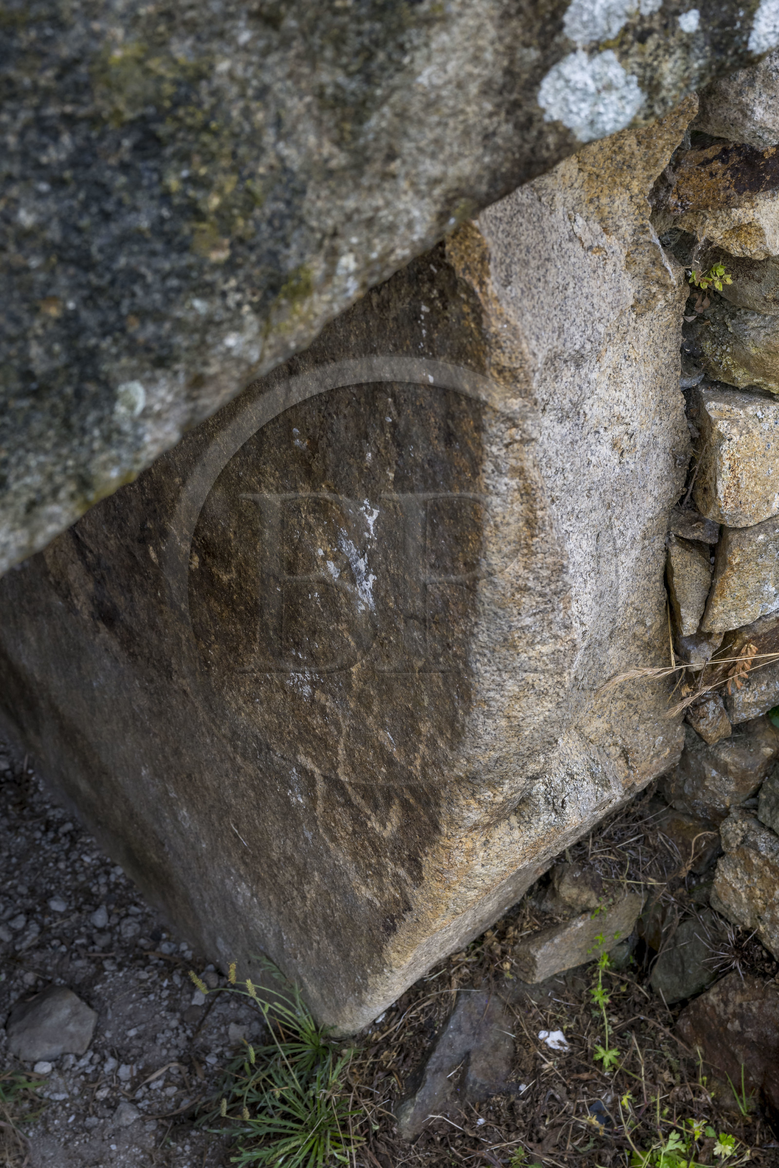 France, Finistère (29), Baie de Morlaix, Presqu'ïle de Kernehelen, site mégalithique du Cairn de Barnenez vieux de 6000 ans, dolmen à couloir, symboles en forme de corne (3900 av J.C.) à l'entrée de la chambre A