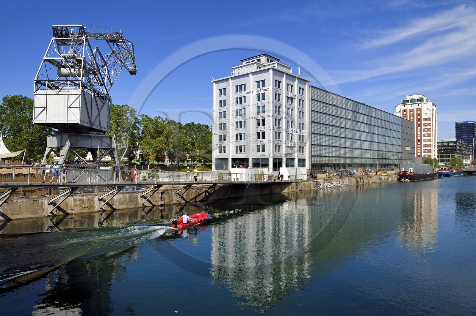 France, Bas Rhin, Strasbourg, development of port du Rhin (Rhine's harbour) and conversion of breakwater of Bassin d'Austerlitz, the Andre Malraux media library on the Malraux peninsula