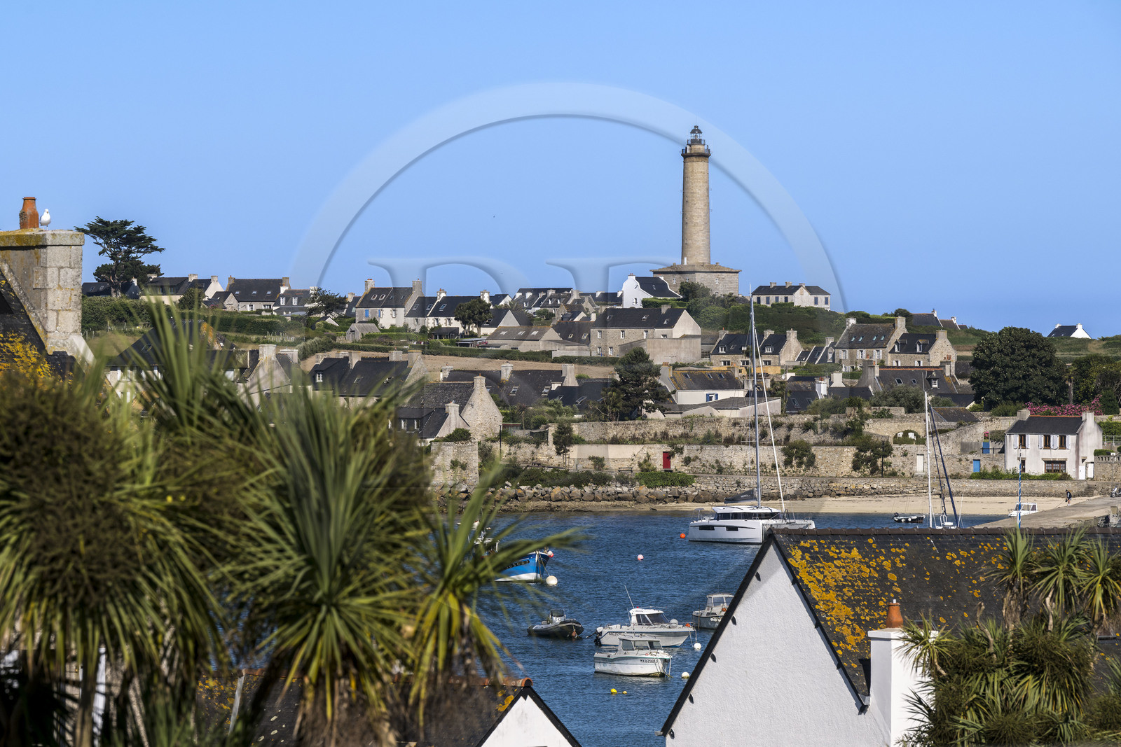 France, Finistère, Ponant Islands, Ile de Batz (Batz Island), the village and the lighthouse in the background