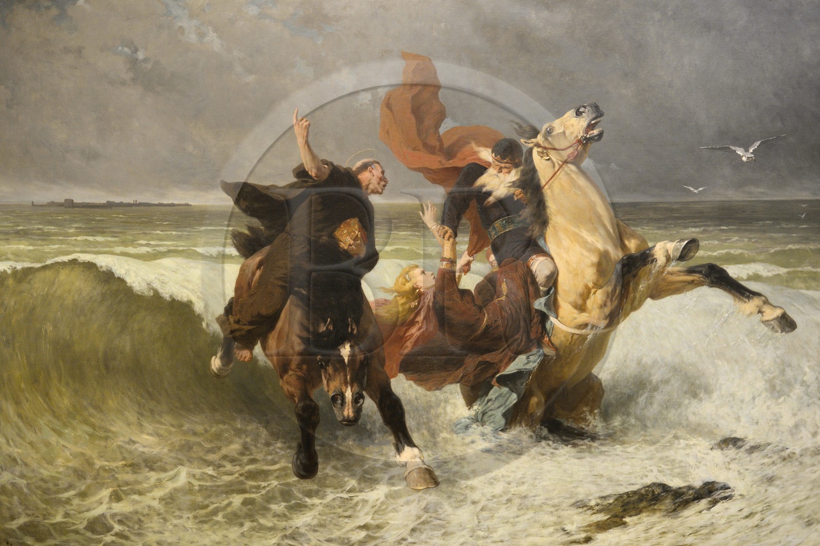 France, Finistère (29), Quimper, musée des Beaux Arts, La Fuite du Roi Gradlon (1884) du peintre Evariste-Vital Luminais illustrant la légende du roi Gradlon abandonnant sa fille au raz de marée sur les conseils de Saint-Corentin