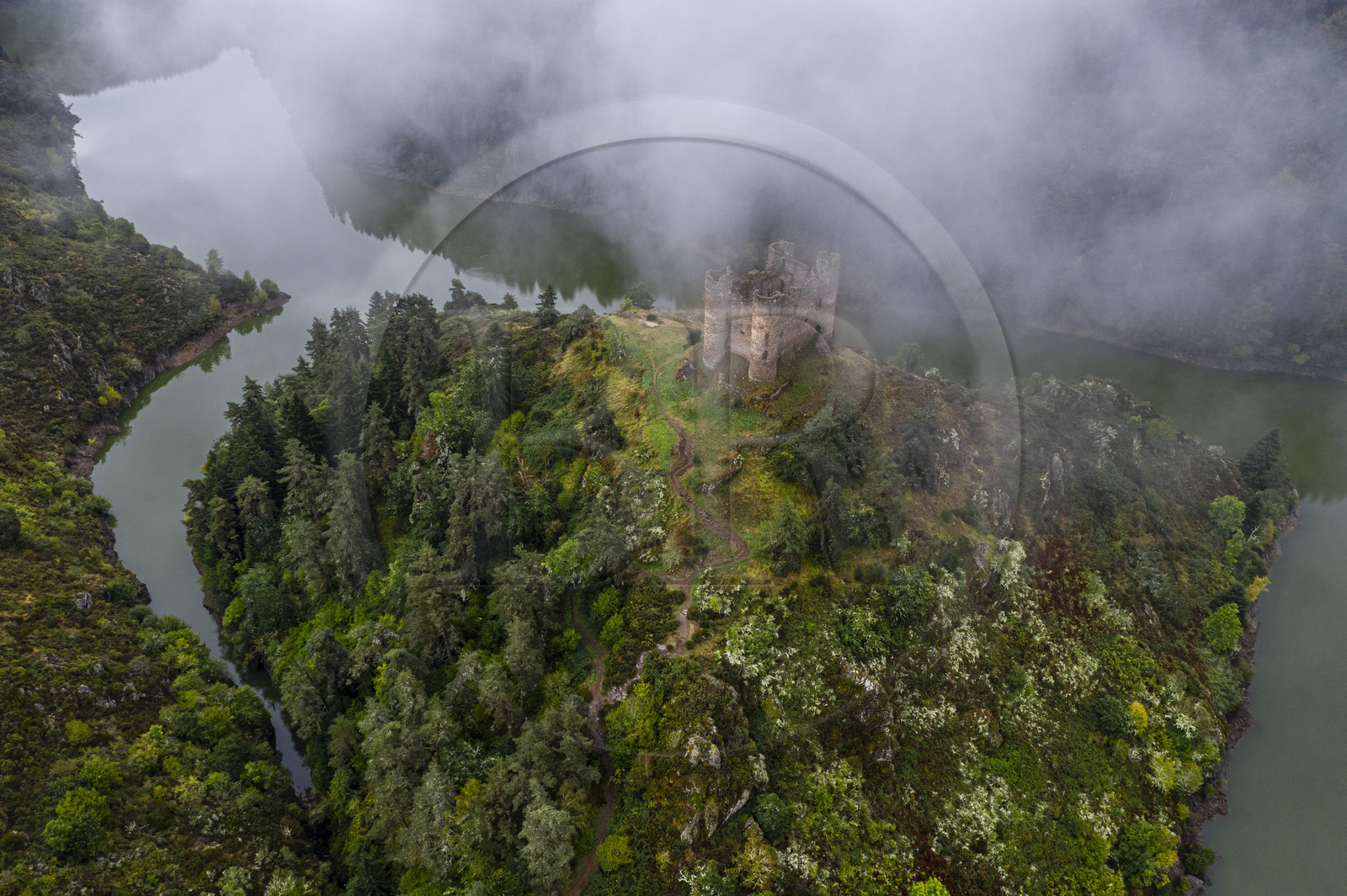 France, Cantal (15), Gorges de la Truyère, Alleuze, ruines féodales perchées du château fort d'Alleuze du XIIIe siècle reconstruit en 1405 (vue aérienne)