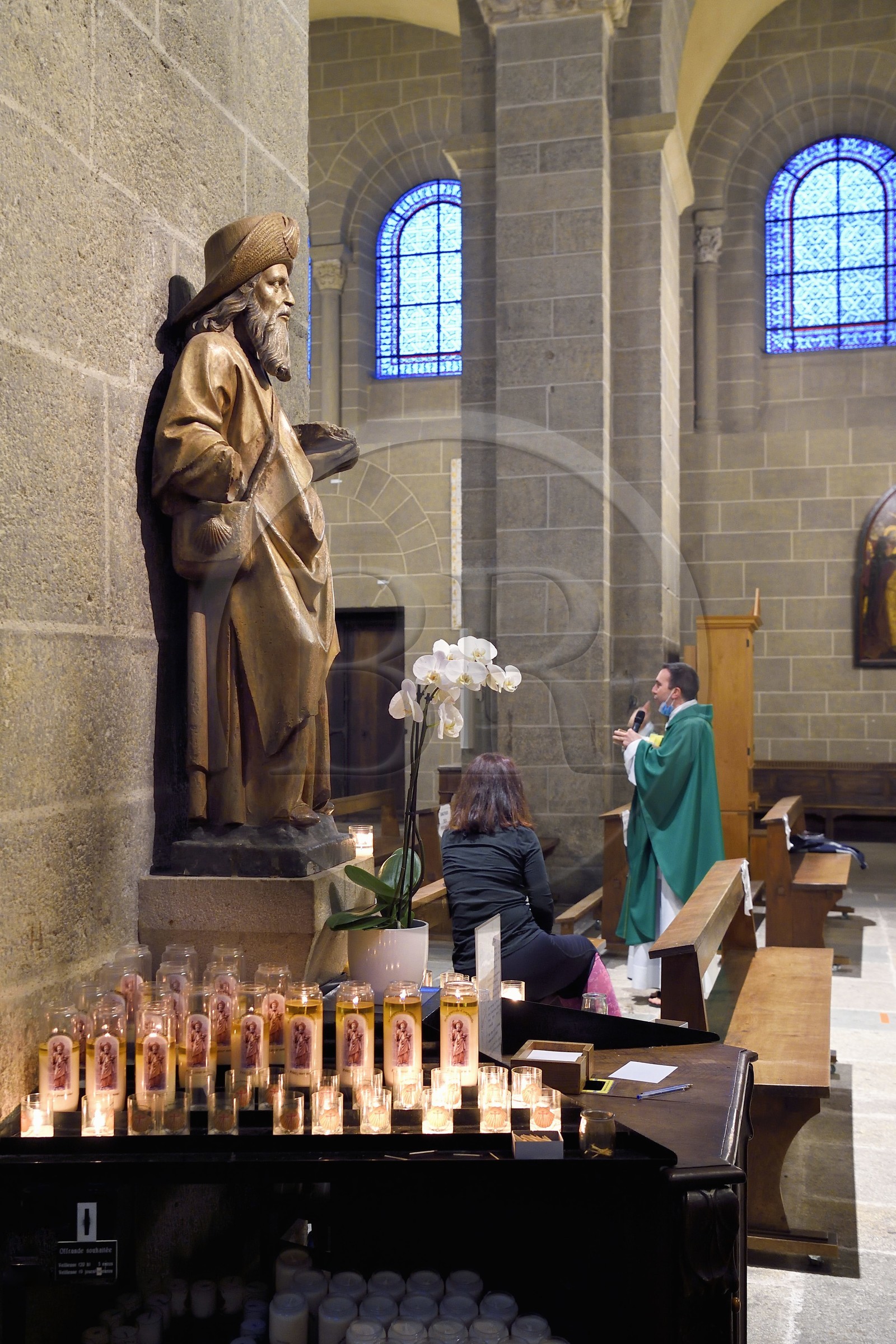 France, Haute Loire, Le Puy en Velay, Routes of Santiago de Compostela, the 12th century Our Lady (Notre-Dame-de-l'Annunciation) cathedral listed as World heritage by UNESCO, the pilgrims' mass where walkers on their way to Compostela are blessed every morning at 7 a.m. during the summer season, statue of St. James