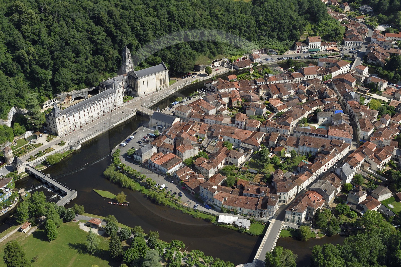 France, Dordogne, Brantome, Saint Pierre benedictine abbey along the Dronne river and the village (aerial view)