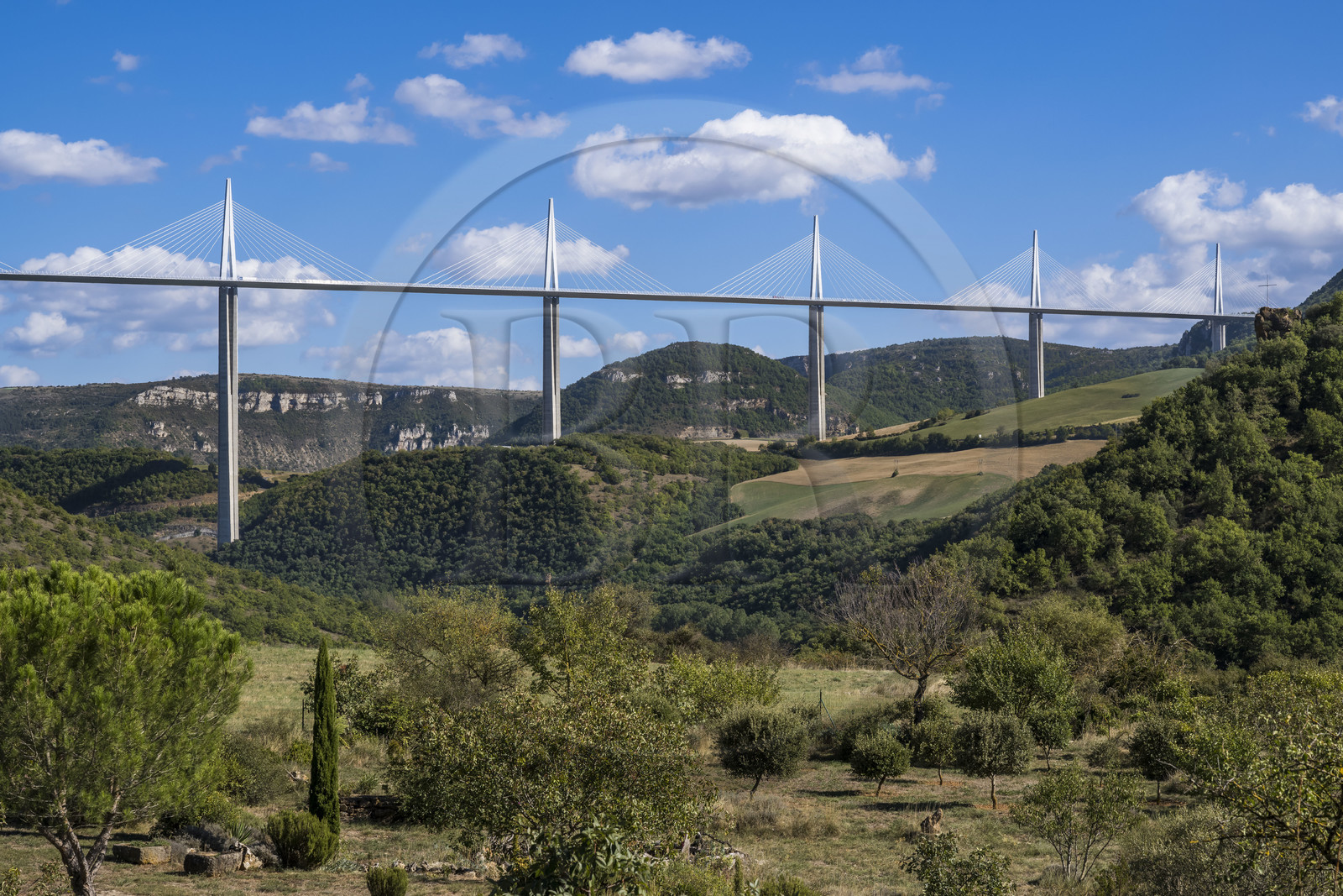 France, Aveyron (12), parc naturel régional des Grands Causses, Peyre, le viaduc de Millau des architectes Michel Virlogeux et Norman Foster, entre le Causse du Larzac et le Causse de Sauveterre au dessus du Tarn