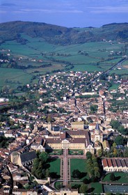 France, Saone et Loire, Maconnais, former abbey of Cluny and old town (aerial view)