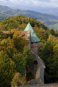 France, Bas Rhin, Orschwiller, Alsace Wine Road, Haut Koenigsbourg Castle, the great Bastion overlooking the forest around, the west tower and the upper garden