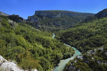 France, Alpes-de-Haute-Provence (04), Parc Naturel Régional du Verdon, les Gorges du Verdon en contrebas du village de Rougon et du Point Sublime, La Colle de Breis en arrière plan