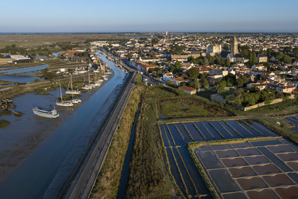 France, Vendée (85), île de Noirmoutier, Noirmoutier-en-l'Ile, les marais du Müllembourg le long de la chaussée Jacobsen du canal d'accès au port, le château médiéval et l'église Saint-Philbert en arrière plan (vue aérienne)