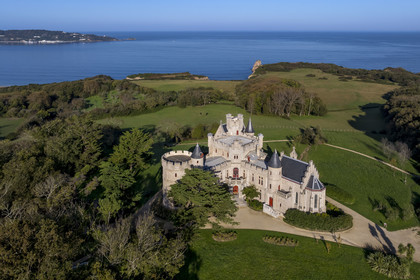France, Pyrenees Atlantiques, Basque Country coast, Hendaye, Abbadia castle built in 1870 by Eugène Viollet-le-Duc for Antoine d'Abbadie d'Arrast (aerial view)