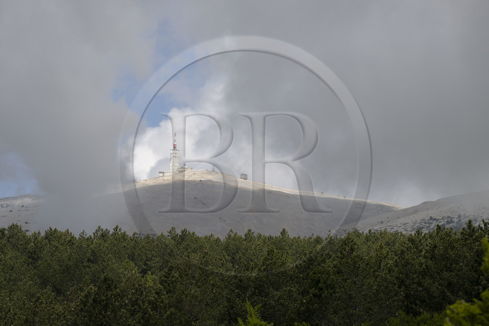 France, Vaucluse, Parc Naturel Regional du Mont Ventoux, Bedoin, the weather station at the summit of Mont Ventoux (1910m) and the southern slope of the mountain
