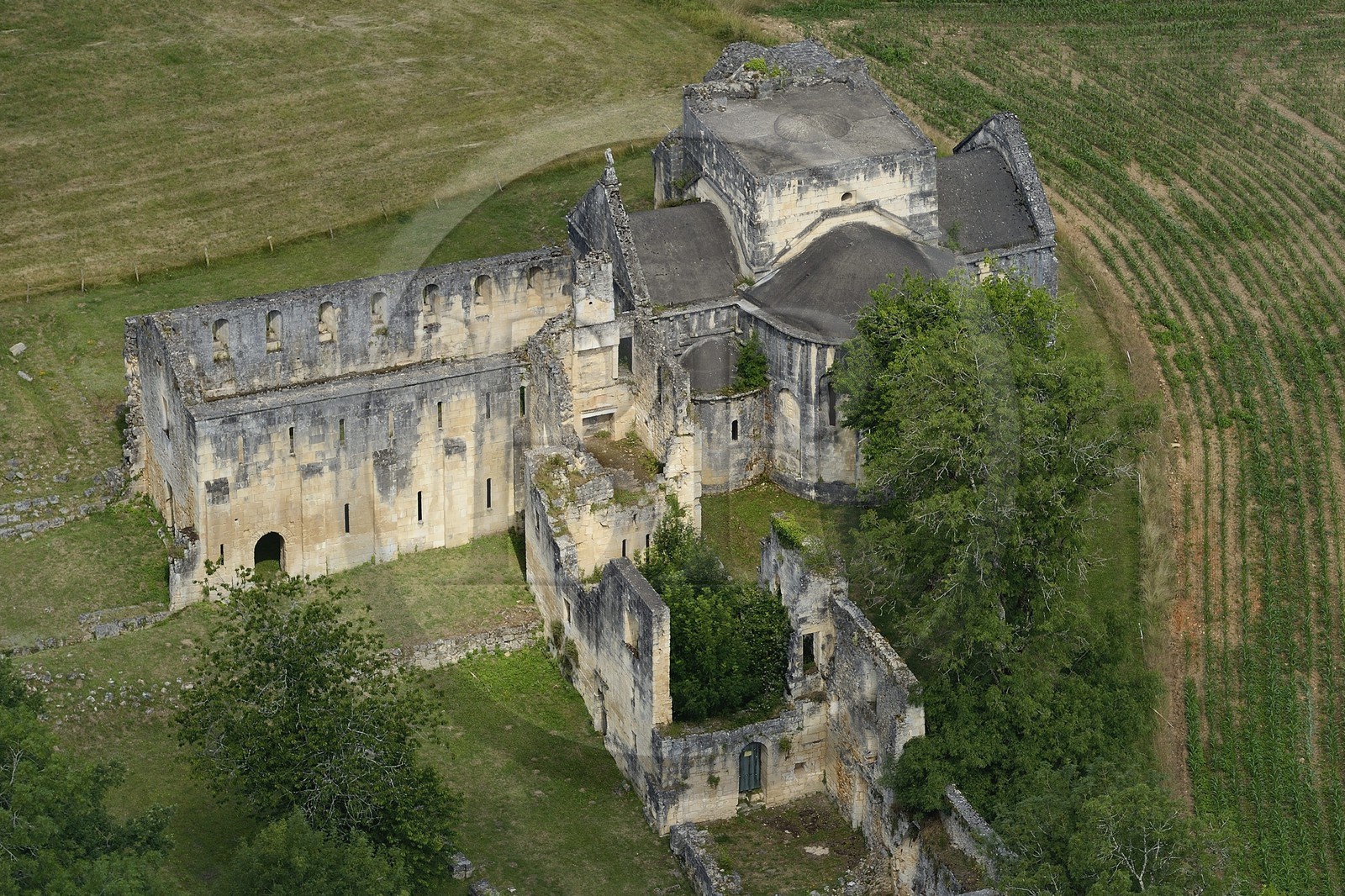 France, Dordogne, Perigord Vert, Cistercian Abbey of Boschaud from the 12th century that belonged to the Abbey of Clairvaux (aerial view)