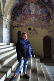 France, Haute Loire, Le Puy en Velay, the 12th century Our Lady (Notre-Dame-de-l'Annunciation) cathedral listed as World heritage by UNESCO, Annalisa Odoardi, restorer of works of art who works on the works of the cathedral in front of Saint-Martin underground side chapel under the porch