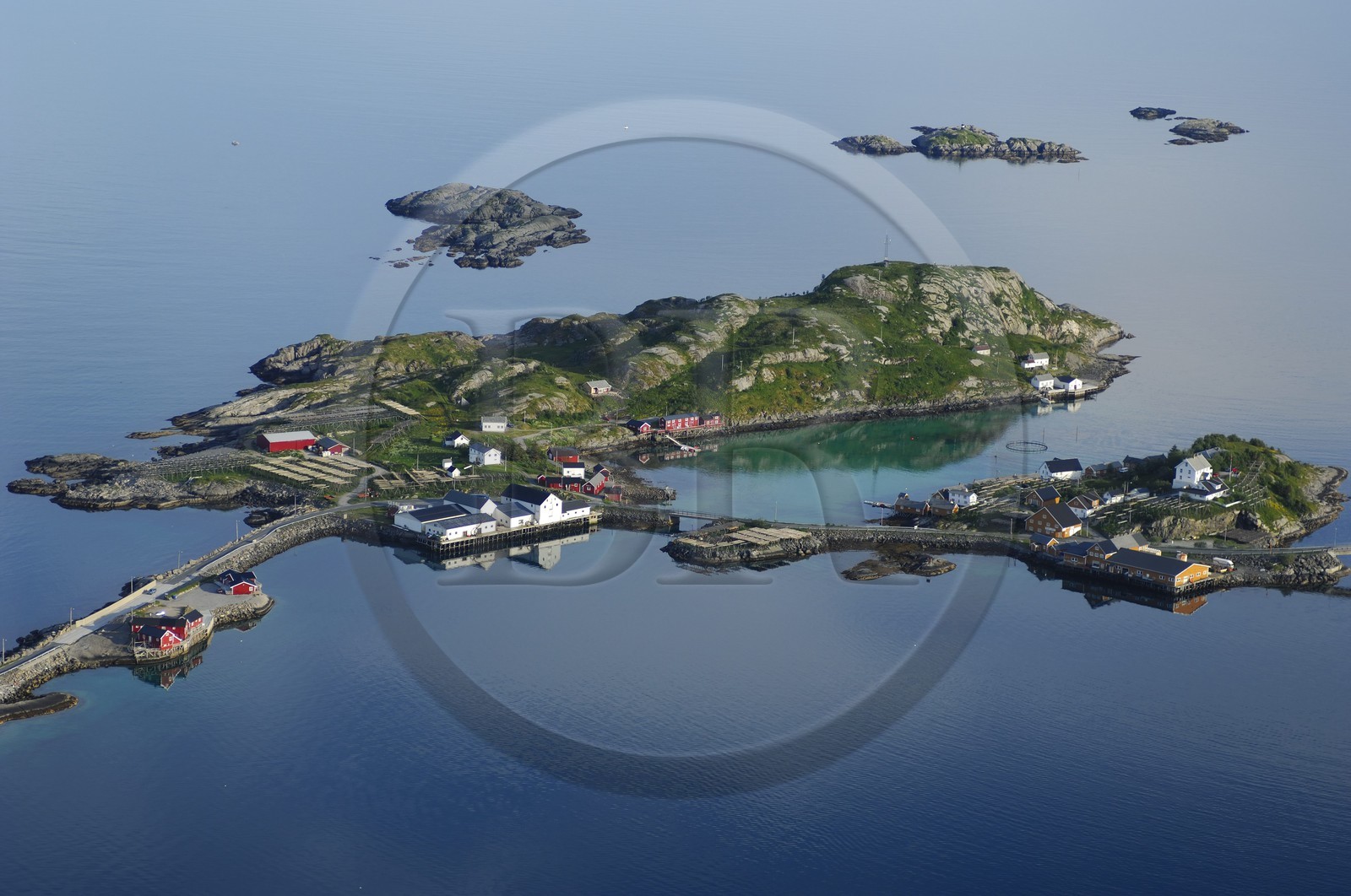 Norway, Nordland County, Lofoten Islands, Moskenes island , fishermen's village of Hamnoy near Reine (aerial view)