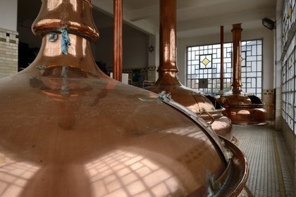 France, Meurthe-et-Moselle (54), Saint-Nicolas-de-Port, le Musée français de la brasserie installé dans une ancienne brasserie industrielle dont le bâtiment de 1931 de l'architecte Fernand César est un exemple de l'architecture industrielle Art déco, salle des cuves