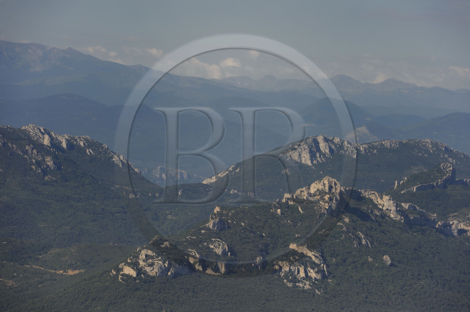 France, Aude, Peyrepertuse, the ruins of Cathar castle built in XIIth century (aerial view)