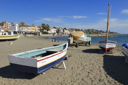 Spain, Andalusia, Malaga, fishing district of Pedregalejo, fishing boats on the beach