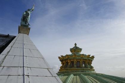 France, Paris, Garnier Opera, Apollo, Poetry and Music roof sculpture by Aimé Millet (around 1860-1869) and the top of the main rotounda cupola